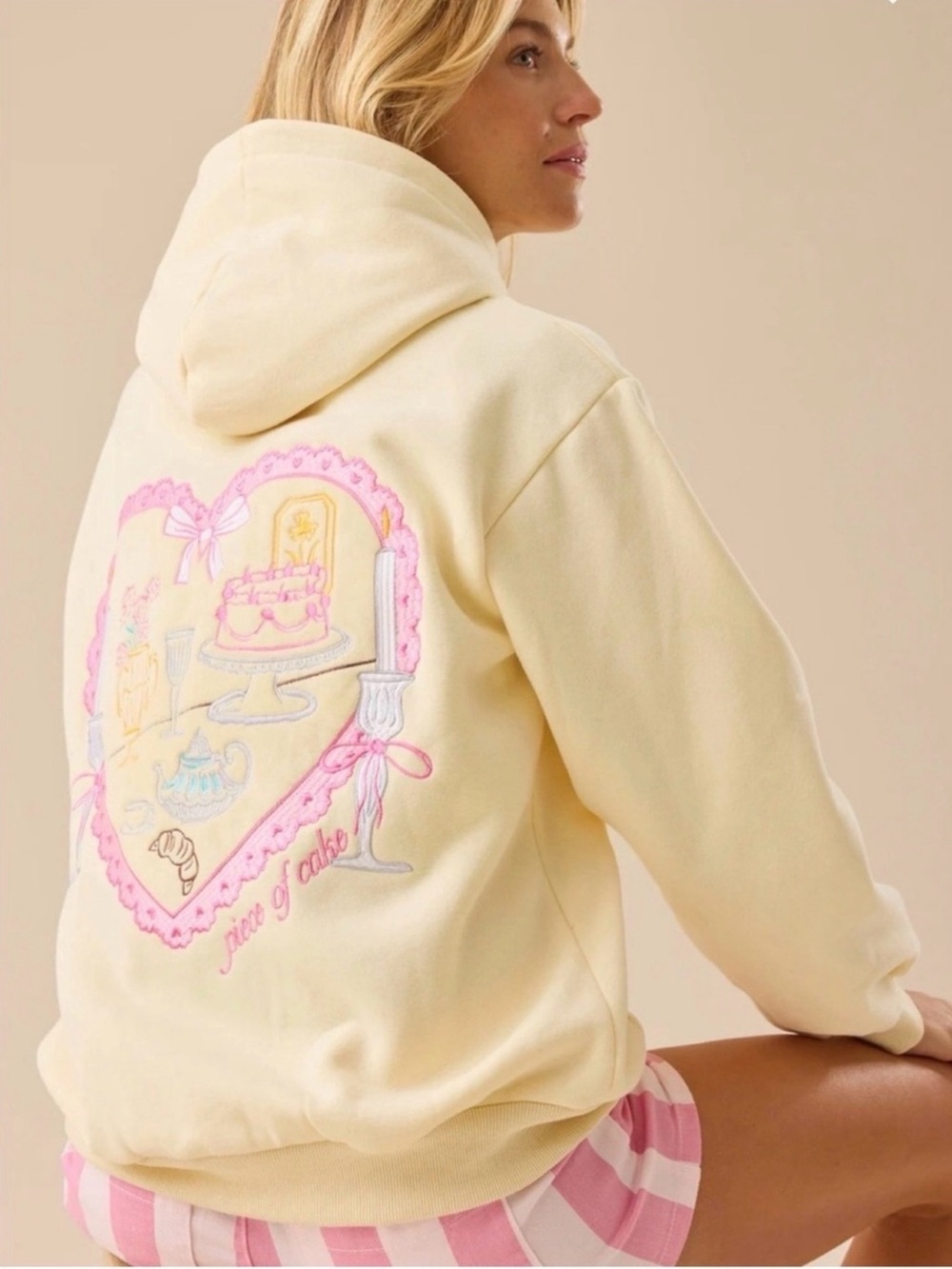 Altar'd State Pale Yellow Hoodie with Subtle Pink Detail